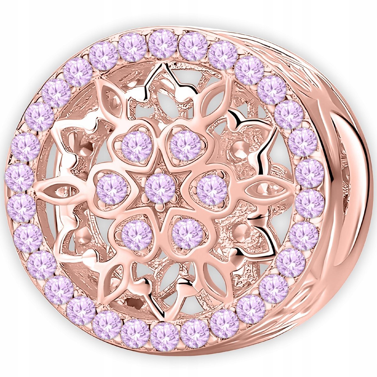 CHARMS RÓŻOWY z Kwiatem POZŁACANY 750 Kwiatek Fioletowe Cyrkonie SREBRO 925