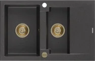 Zlewozmywaki - Mexen Gaspar zlewozmywak granitowy 1,5-komorowy z ociekaczem 737 x 475 mm, czarny nakrapiany, syfon złoty - 6507731505-76-G - miniaturka - grafika 1