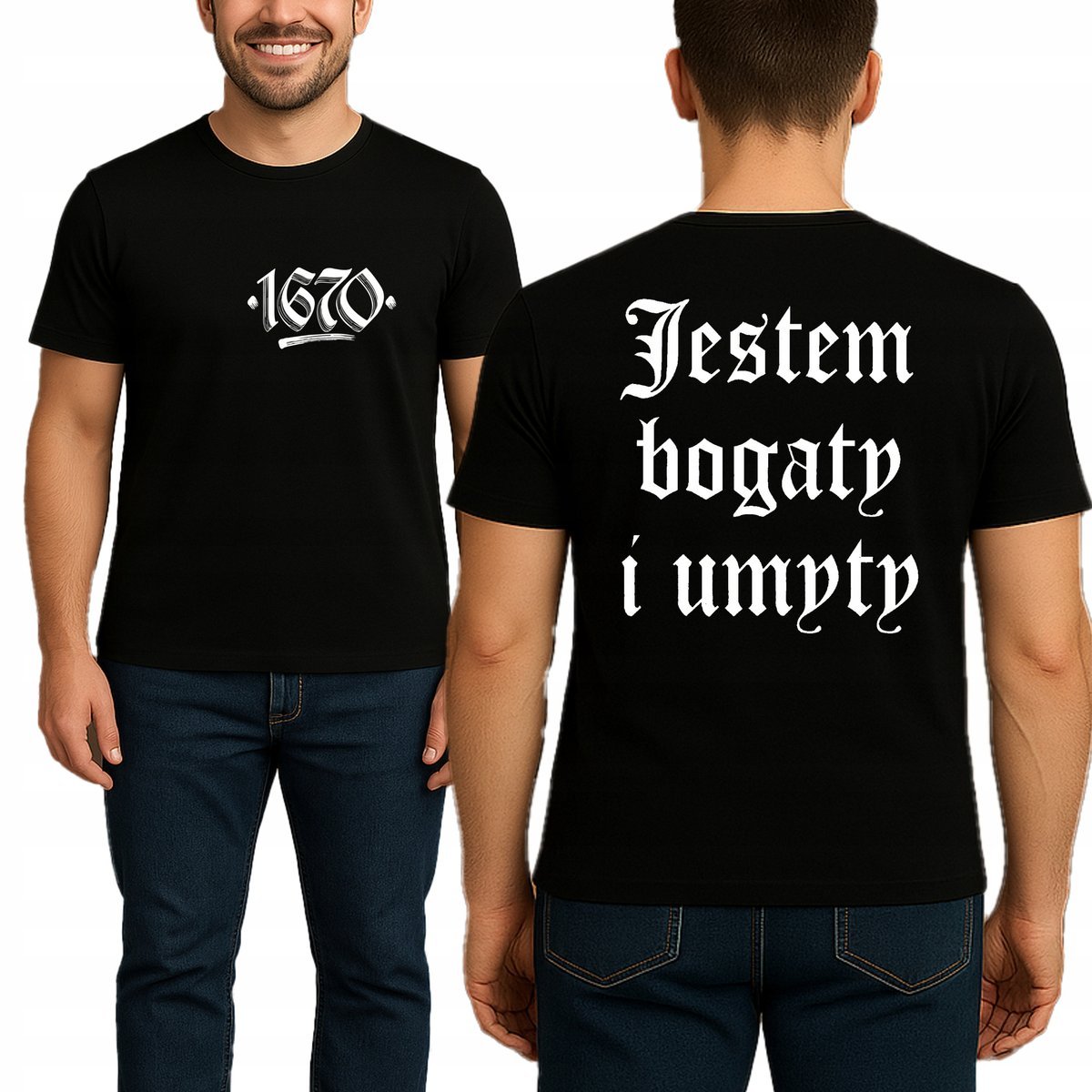 KOSZULKA MĘSKA JESTEM BOGATY I UMYTY 1670 PODWÓJNY NADRUK M P363 CZARNA
