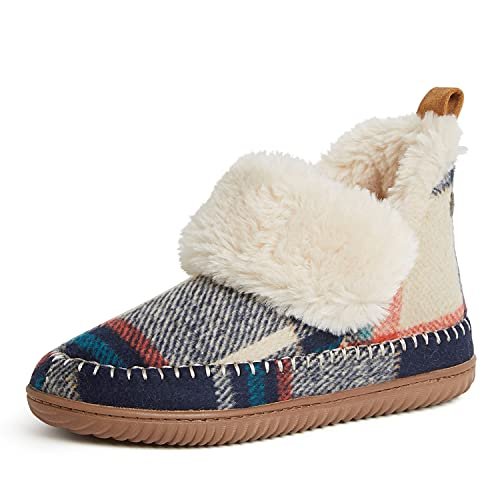 Dearfoams Damskie kapcie Alpine Moritz Bootie, Granatowa kratka, 7-8 US