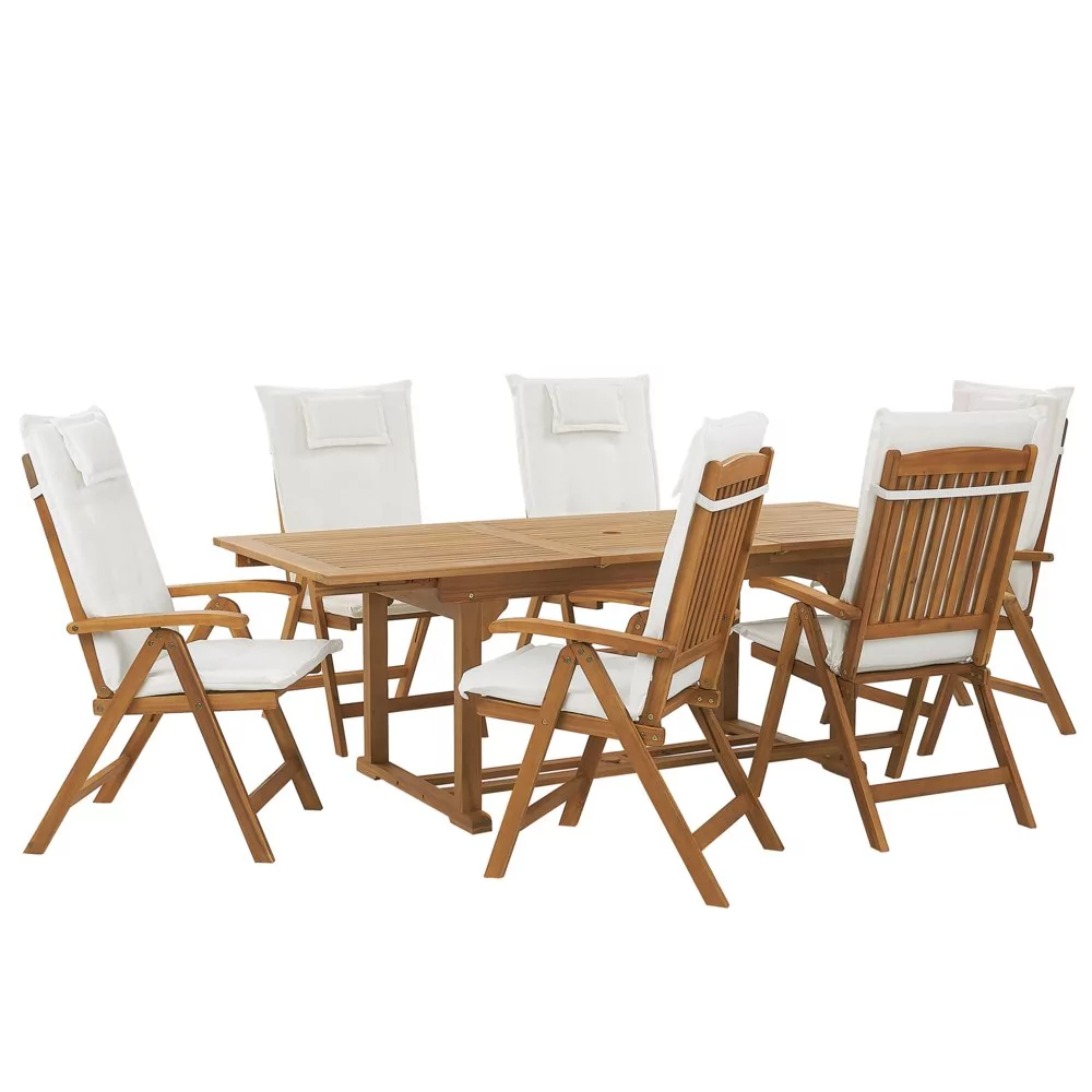 Shumee Zestaw ogrodowy drewniany stół i 6 krzeseł z poduszkami białymi JAVA 260475