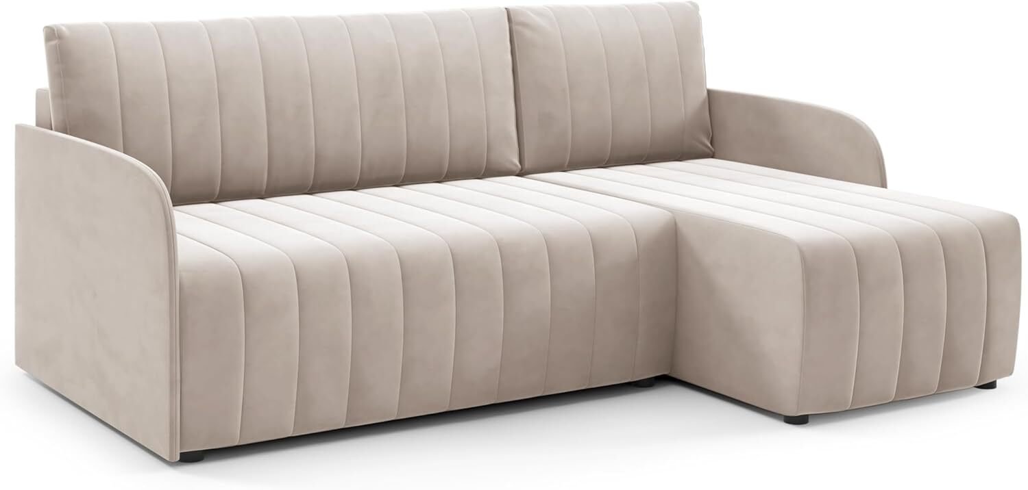 LIKMA Narożnik Otto SLIM 208 cm Kremowy Rozkładany Kształt L z Funkcją Spania (200x140 cm) i Pojemnikiem na Pościel Tapicerowana Sofa