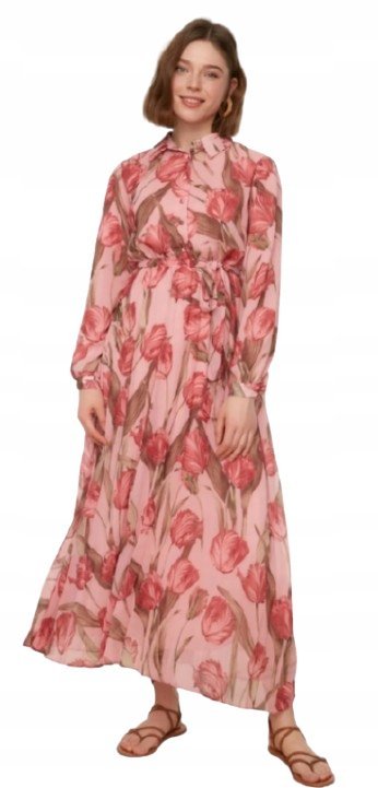 TRENDYOL RÓŻOWA SUKIENKA MIDI W KWIATY Z KOŁNIERZYKIEM 38 5AA