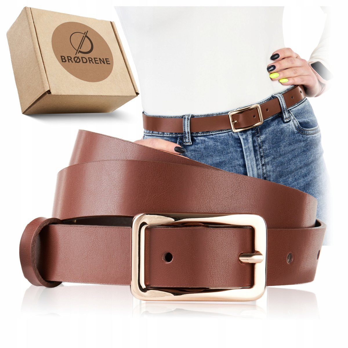 Pasek Skórzany Damski Brązowy do Sukienki Spodni Złota Klamra Brodrene 90cm