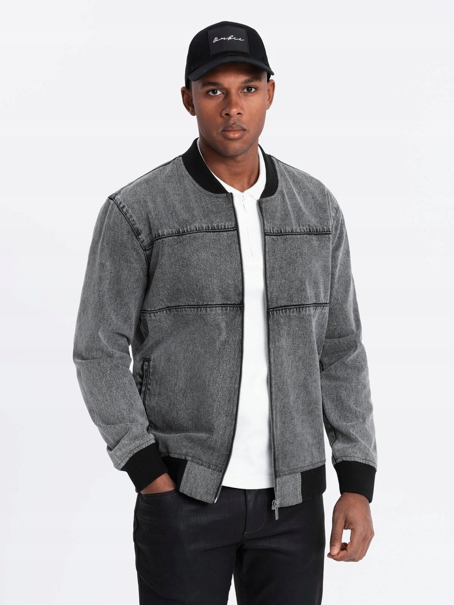 Męska kurtka jeansowa bomberka stone wash szara Ombre OM-JADJ-0163 V1 r M