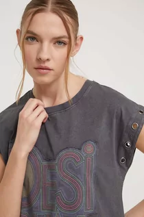Koszulki sportowe damskie - Desigual t-shirt bawełniany damski kolor szary - grafika 1