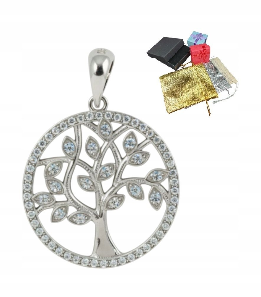 Srebrna Zawieszka Drzewko Życia Szczęścia 925 Wisiorek Cyrkonie Na Prezent