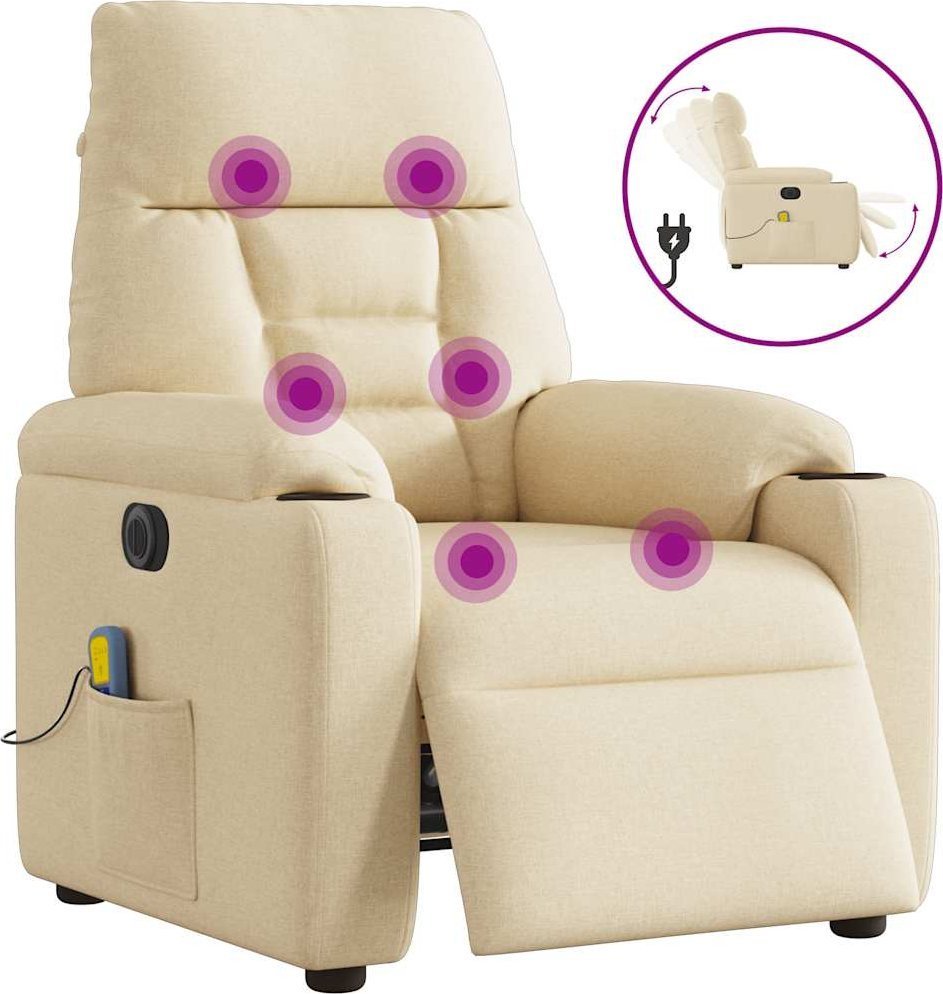 vidaXL vidaXL Rozkładany fotel masujący, elektryczny, kremowy, tkanina