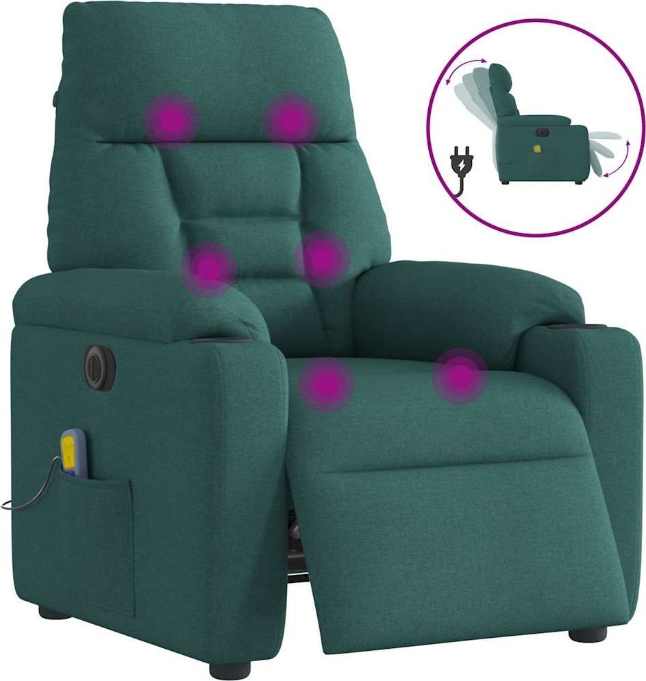 vidaXL vidaXL Rozkładany fotel masujący, elektryczny, ciemnozielony, tkanina