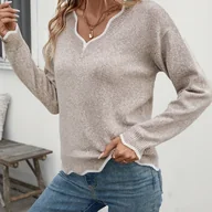 Swetry damskie - TEMU Sweter damski z dekoltem w serek - długi rękaw, miękkie i elastyczne luźne okrycie na jesień/zimę, jednokolorowy styl casualowy, średnia - miniaturka - grafika 1