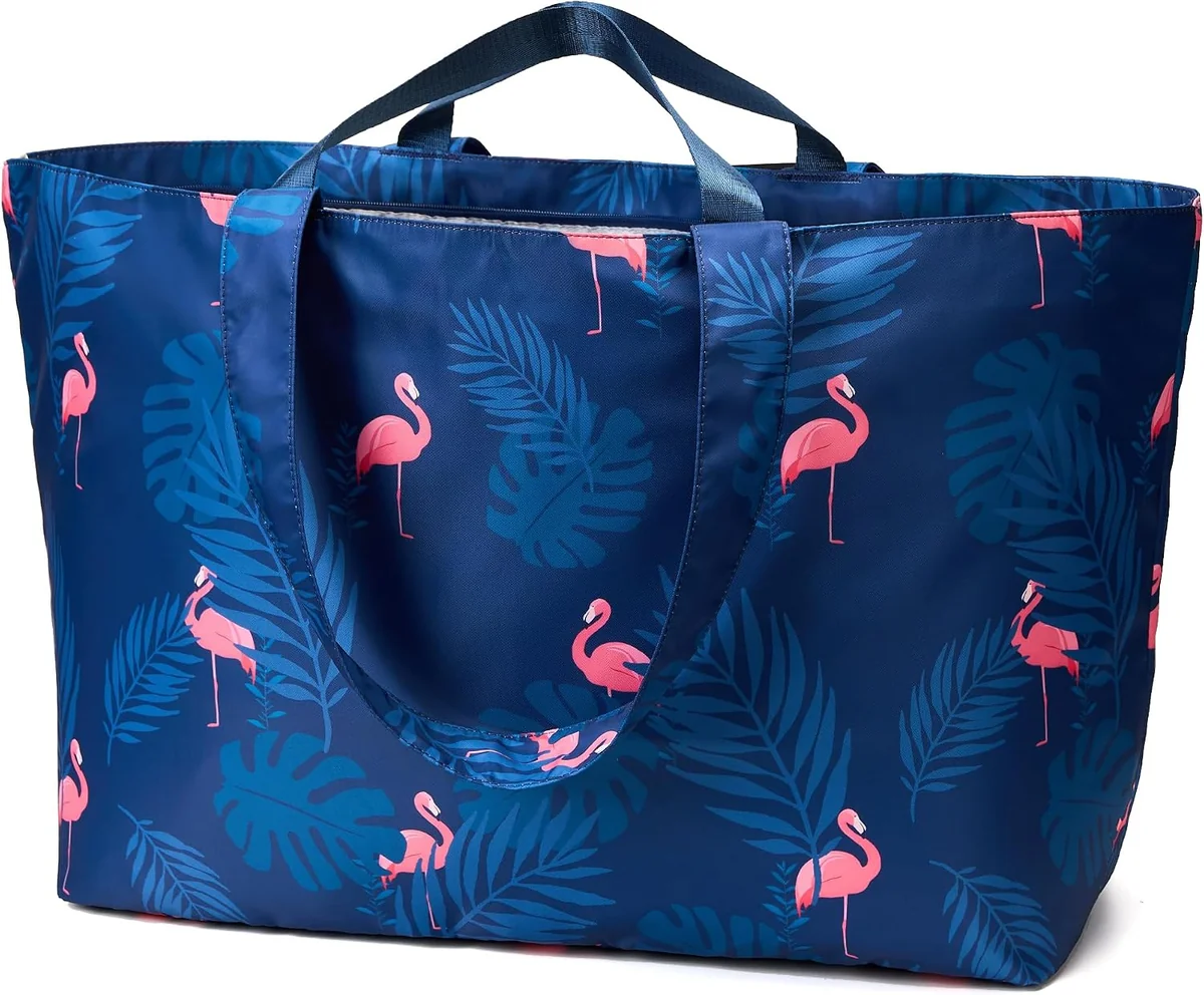 Składana torba podróżna XXL 60 l, torba plażowa z zamkiem, lekka, Flamingo