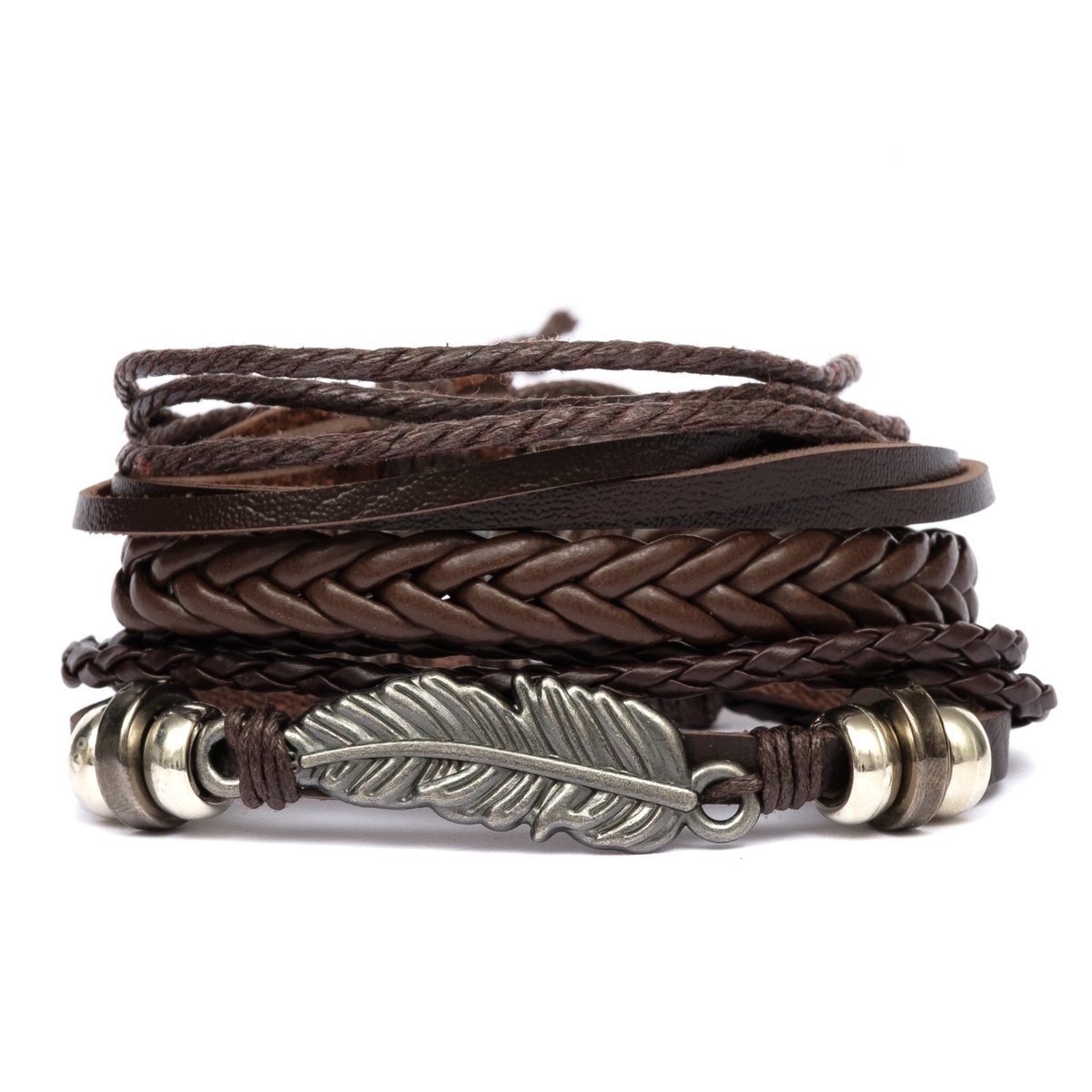 3X Bransoletka Skórzana Męska Elegancka Koraliki Pióro Rzemyk Zestaw Men - Bra-Men-Pio-Bra