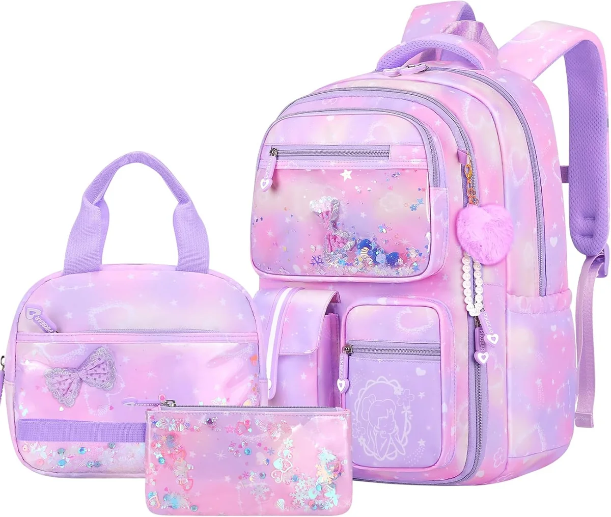 Zestaw 3-częściowy plecak szkolny liliowy torba lunch piórnik laptop 15,6