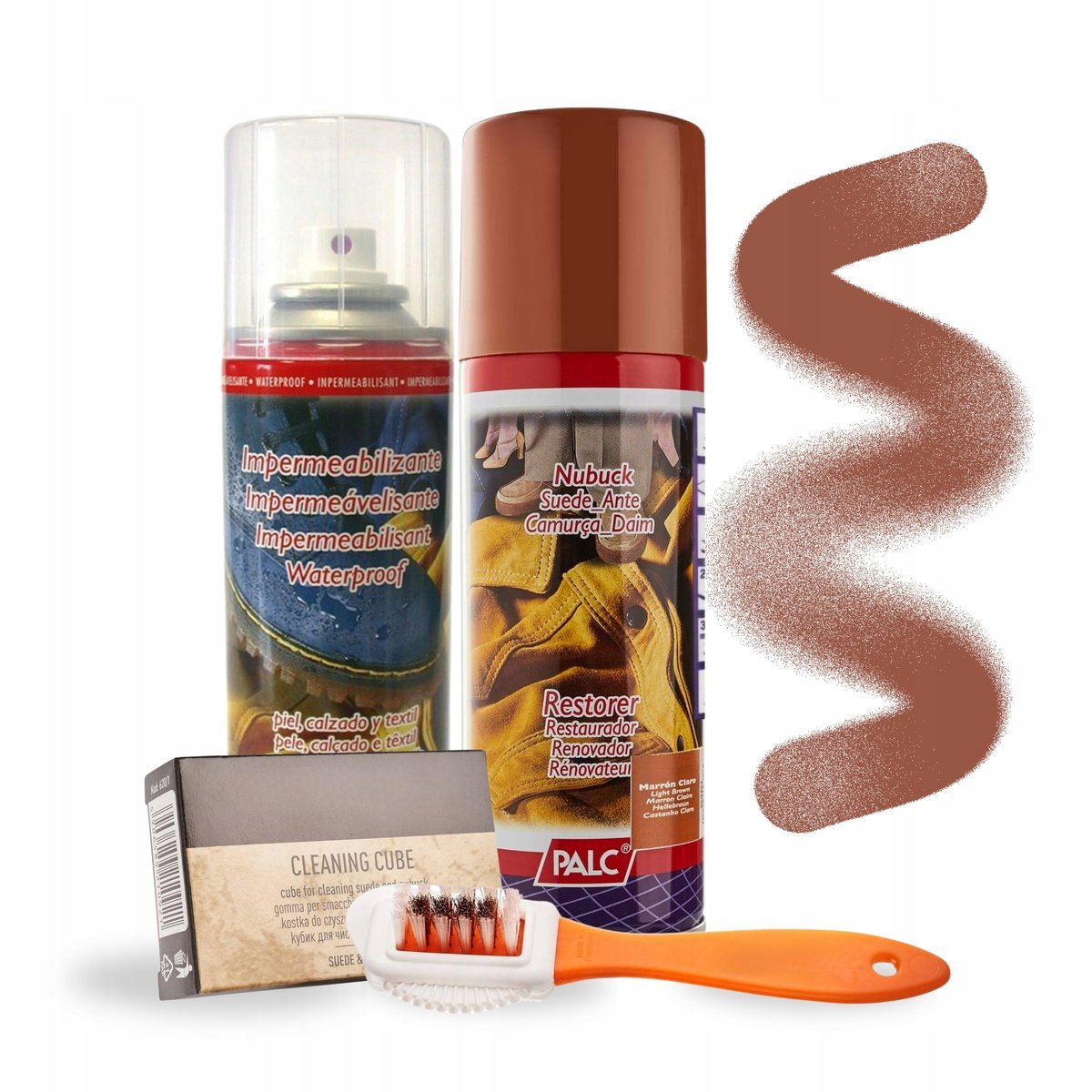 Jasnobrązowy Renowator Impregnat Gumka i Szczotka do Zamszu Palc Zestaw 4w1