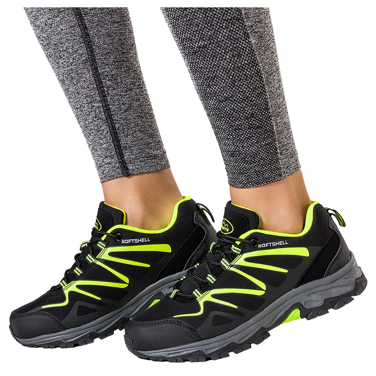 Czarne buty trekkingowe damskie z seledynowymi dodatkami sznurowane softshell Casu B2111-2-37