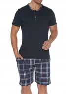 Piżamy damskie - Piżama męska granat - rozpinana pod szyją, kratka, komplet na lato M - miniaturka - grafika 1