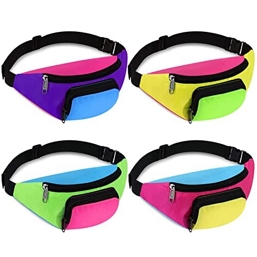 nerka w stylu retro lat 80., nerka w stylu retro, torba na pasek, 2 kieszenie, neonowa nerka, małe nerki, do joggingu, podróży, kostiumów na imprezę, 4 sztuki, Kolory neonowe, Small