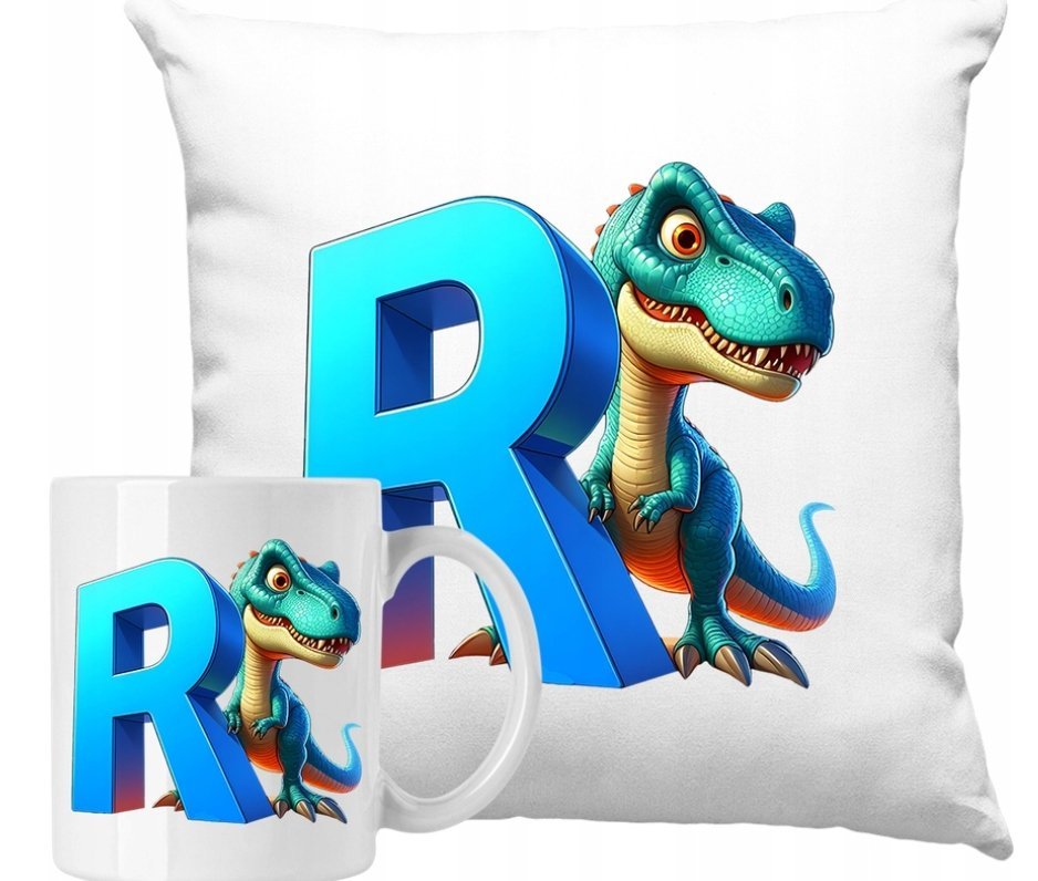ZESTAW PODUSZKA + KUBEK Dino Dinozaur Litera T Alfabet Pomysł Na Prezent