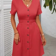 Sukienki - TEMU Letnia Sukienka-Kardigan z Dekoltem w Serek i Guzikami dla Kobiet - A-Linia, Czerwony Jednokolorowy, Nieelastyczny Materiał do Prania w Pralce, - miniaturka - grafika 1