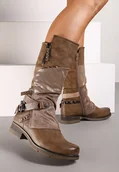 Kozaki damskie - Ciemnobeżowe Kozaki przed Kolano z Metalicznymi Wstawkami Virgin - Renee - miniaturka - grafika 1