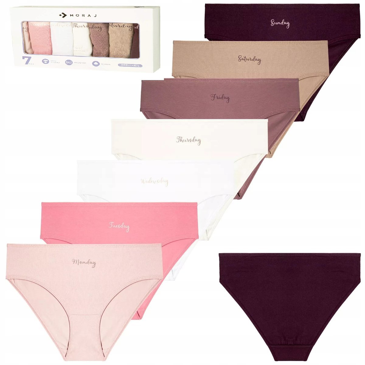 Majtki Damskie Bikini Bawełniane na Każdy Dzień Tygodnia 7-pak MORAJ - XXL