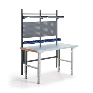 Stół warsztatowy z wyposażeniem SOLID, panele narzędziowe z pojemnikami + półki, 1500x800 mm, stal - Akcesoria do pakowania - miniaturka - grafika 1