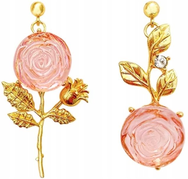 Kolczyki Złote Róże Asymetryczne Cyrkonia Sztyft Modne Stylowe Pozłacane