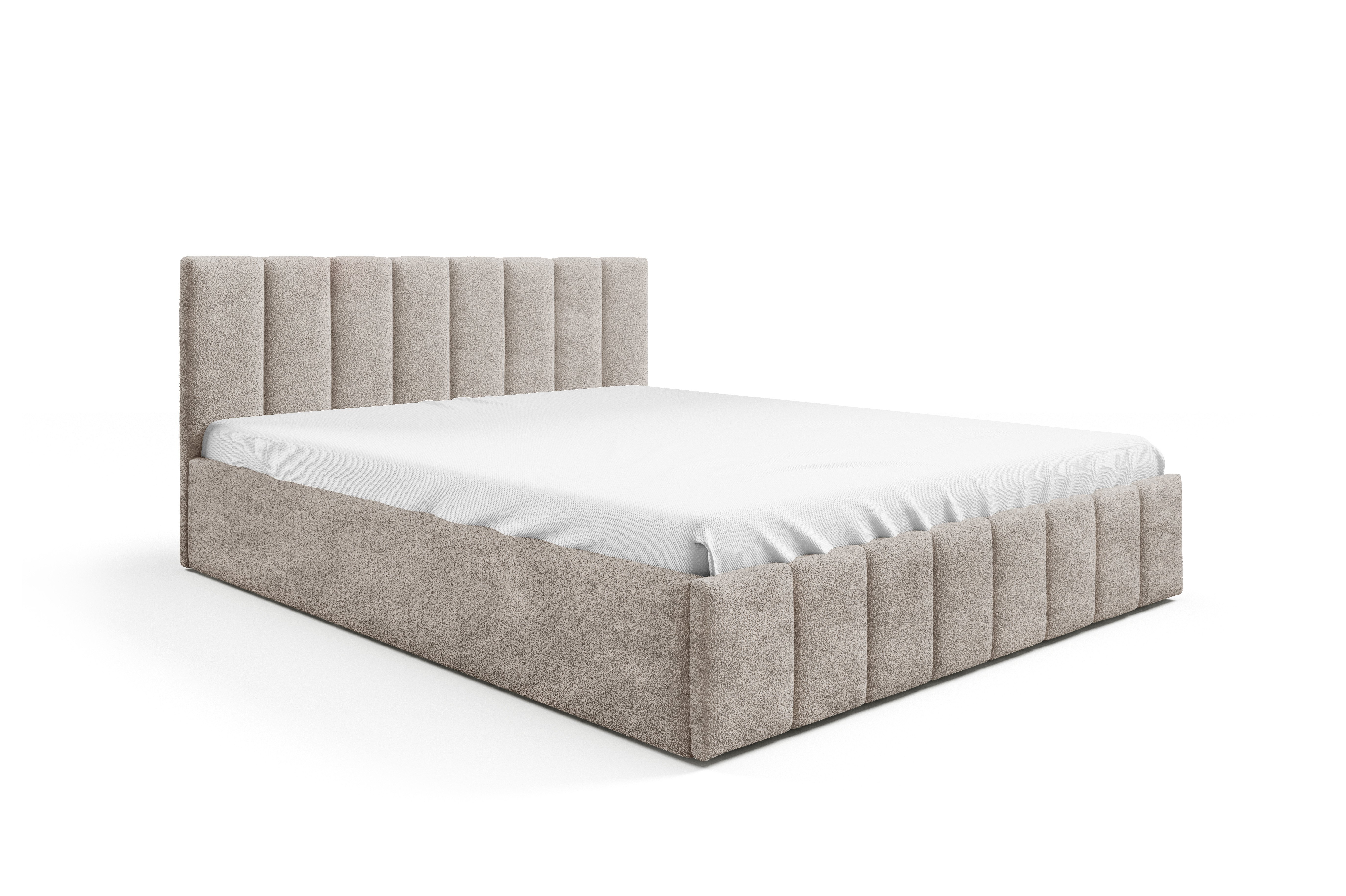 Łóżko tapicerowane 90x200 beżowe z tkaniny boucle z metalową ramą z listew i miejscem do przechowywania