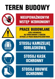 OI008 TEREN BUDOWY, NIEUPOWAŻNIONYM WSTĘP WZBRONIONY, PRACE BUDOWLANE, JEŻELI WCHODZISZ NA TEREN BUDOWY Z, PN - PŁYTA PCV 1MM; (700X1050MM) - Tablice BHP - miniaturka - grafika 1