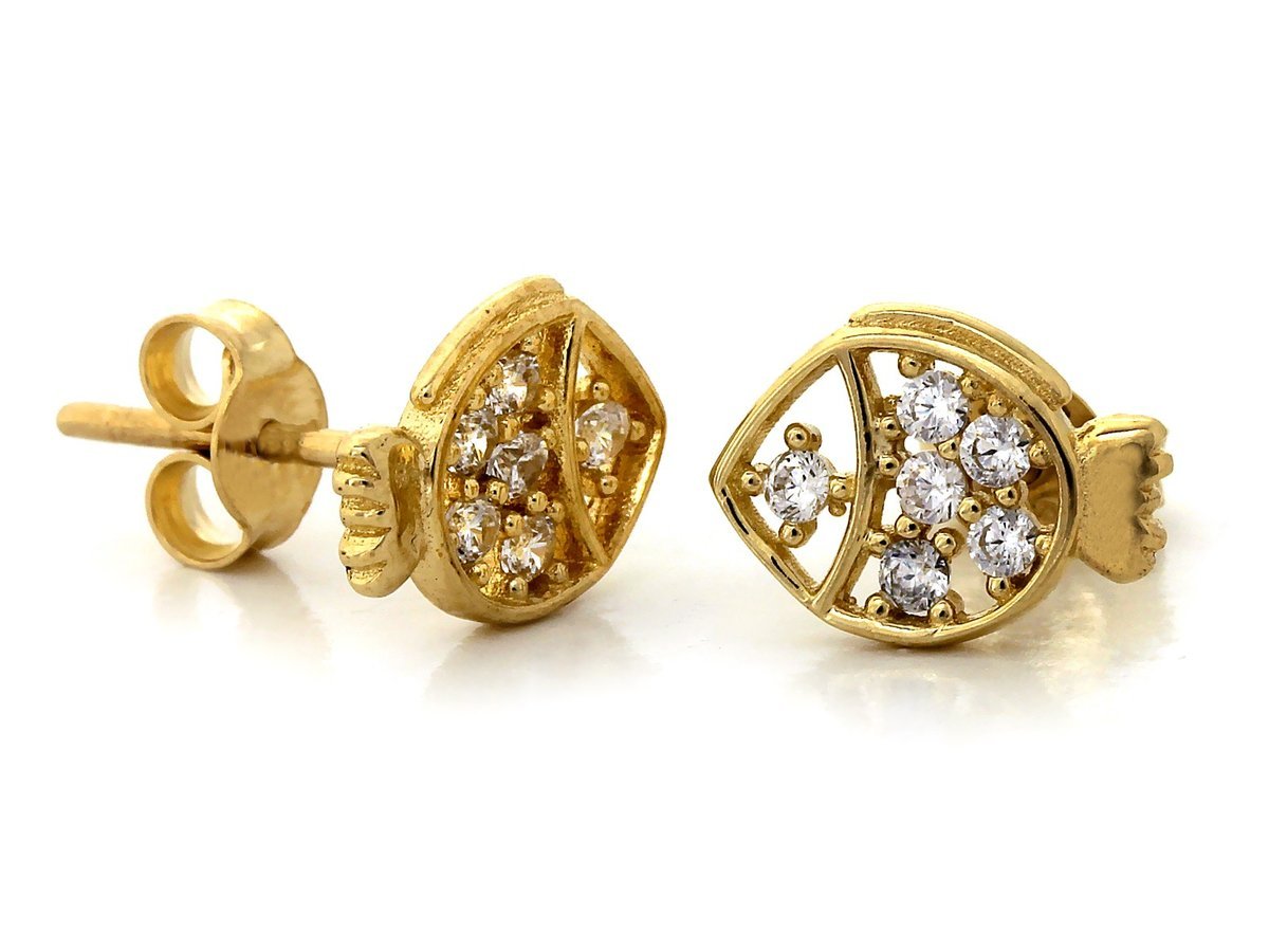 Delikatne złote kolczyki ażurowa rybka z cyrkoniami