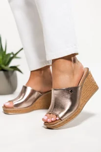 Złote klapki damskie Sergio Leone na ozdobnym koturnie skórzana wkładka KL213-CA - Klapki i japonki damskie - miniaturka - grafika 1