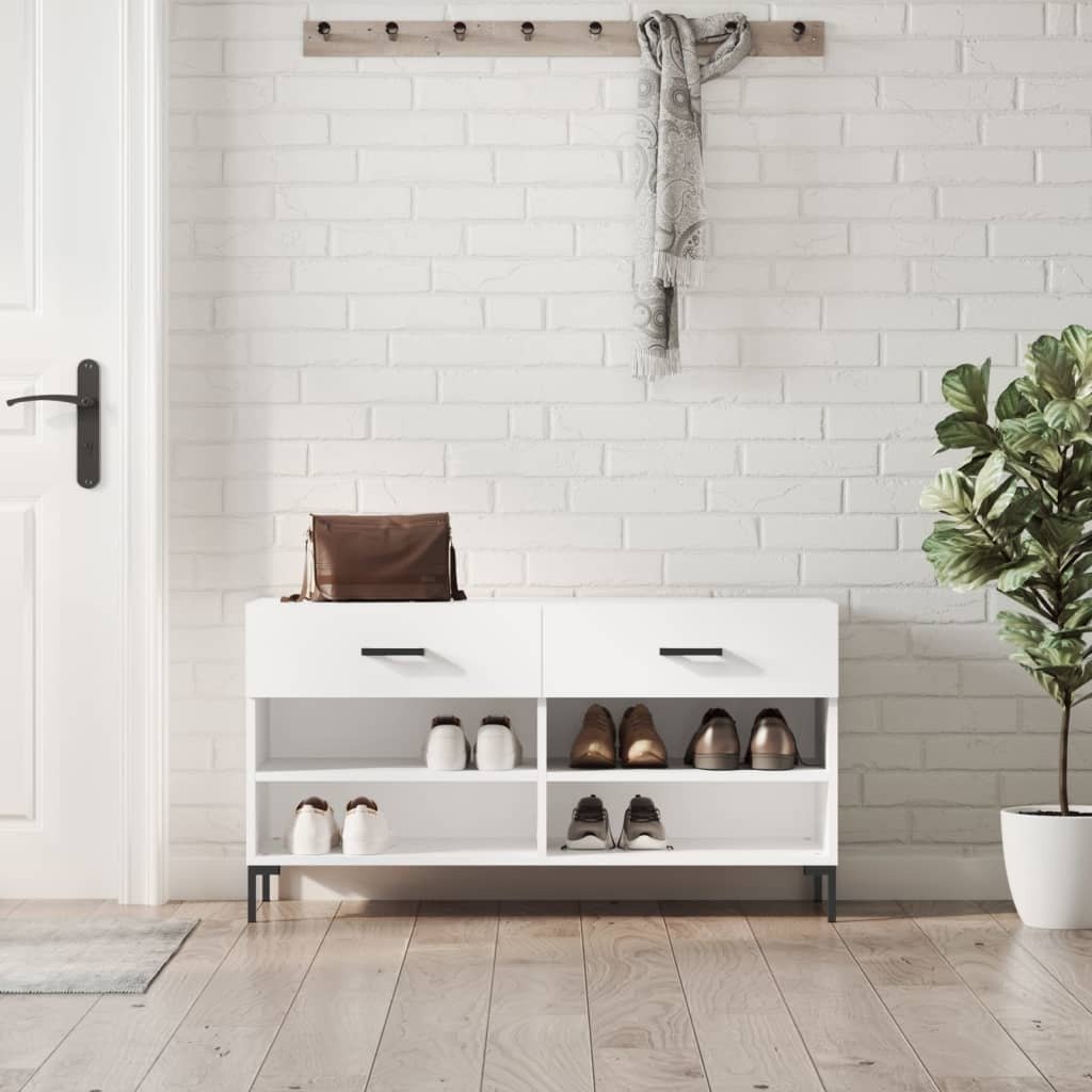 vidaXL Ławka na buty biały wysoki połysk 102x35x55 cm materiał drewnopochodny - Ławka na buty - Ławki na buty - Ławka z miejscem do przechowywania - Stojak na buty