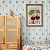 Wyposażenie pokoiku dziecięcego - Tapeta dla dziewczynki w paski biało-niebieskie z wisienkami - miniaturka - grafika 1