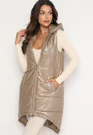 Kamizelki damskie - Ciemnobeżowa Długa Kamizelka z Kapturem Ozdobiona Imitacją Kieszeni Mavaria - miniaturka - grafika 1