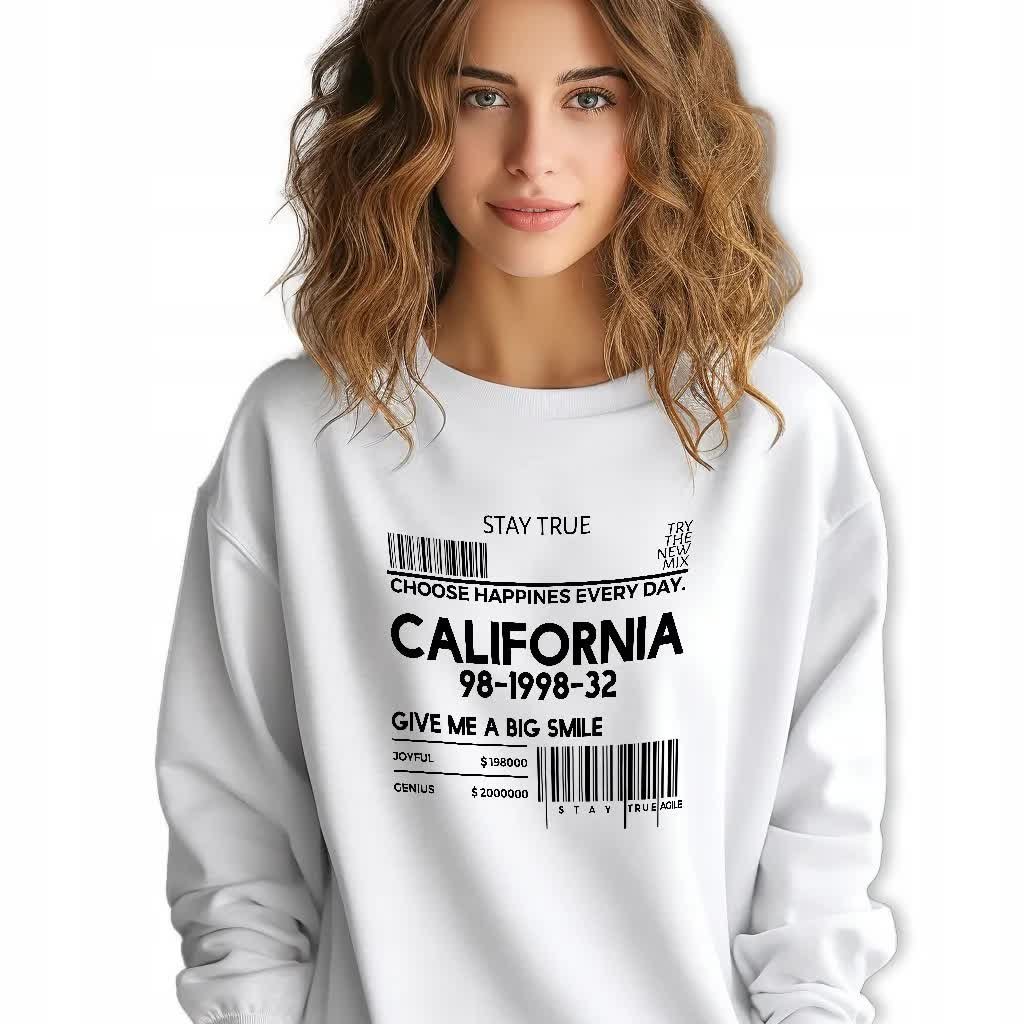 BIAŁA BLUZA Damska Dresowa CALIFORNIA Zabawne Wzory Rozmiar S