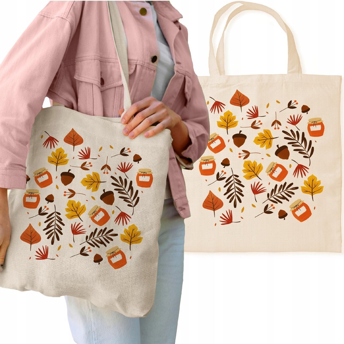 TORBA NA ZAKUPY JESIENNA JESIEŃ LIŚCIE PASTELOWE KOLORY EKO TORBA JESIENNA