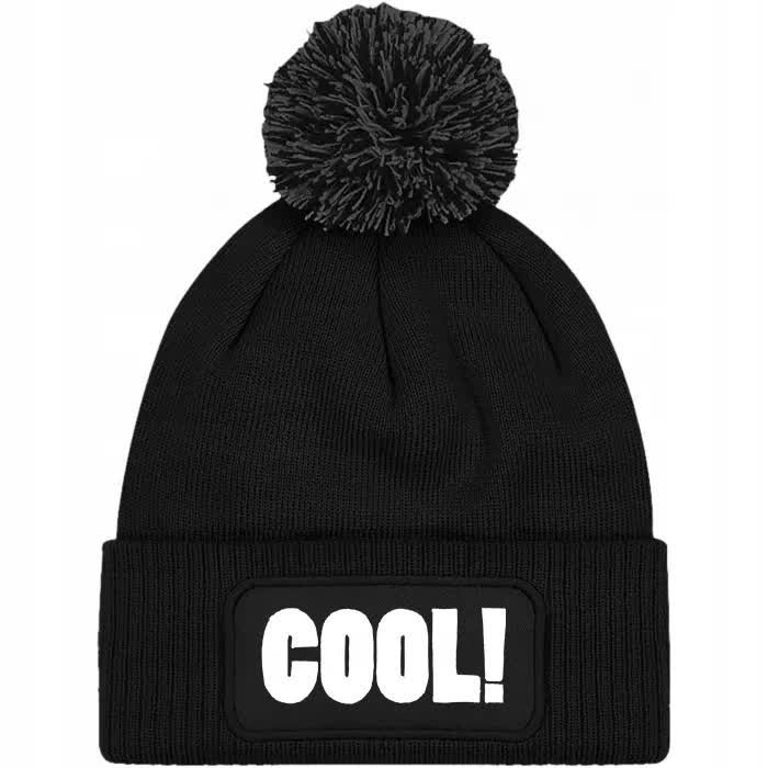 Czapka Czarna z Pomponem COOL! Zimowa Na Prezent Wzory