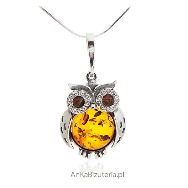 ankabizuteria.pl Zawieszka srebrna z bursztynem i kryształkami - SOWA