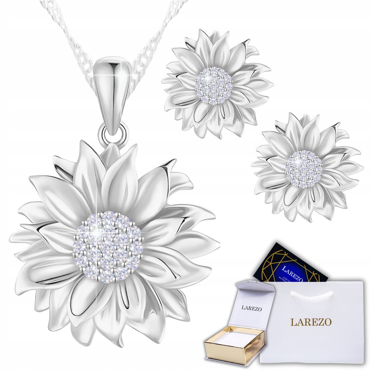 Zestaw Kolczyki i Naszyjnik Srebrny 925 Słonecznik Kwiat Życia z Cyrkoniami
