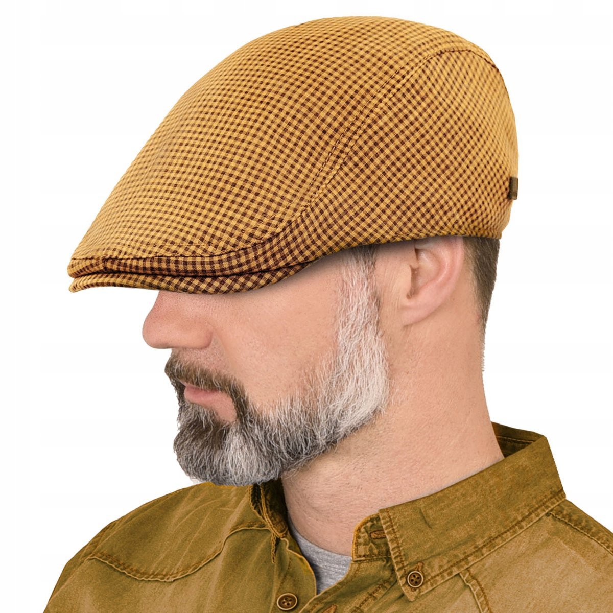 KASZKIET Męski Bawełniany na Lato Czapka w Krateczkę MUSZTARDOWY Pako Jeans