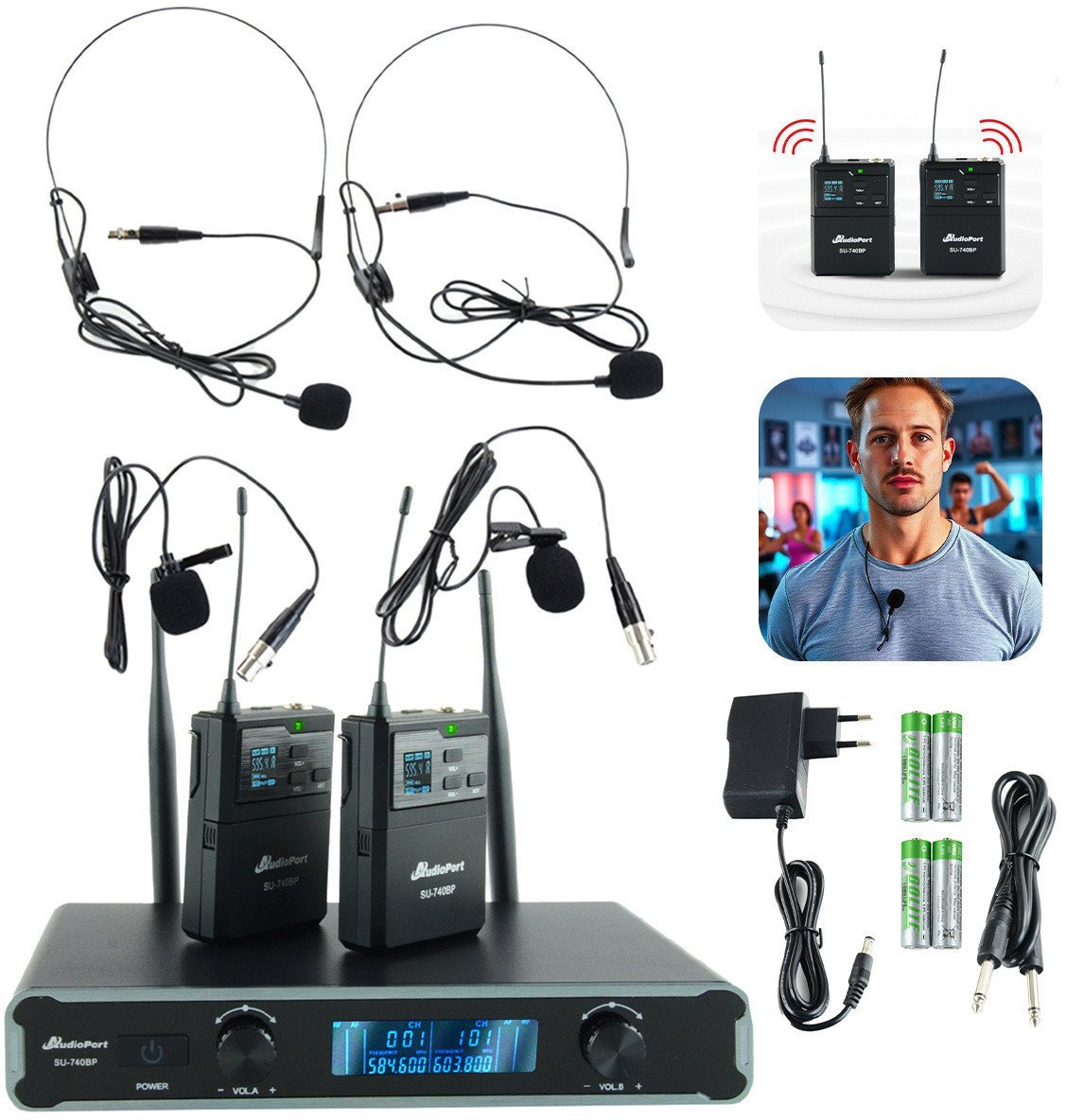 Zestaw mikrofonów bezprzewodowych UHF 2x nagłowny+ 2x krawatowy 2x bodypack+ stacja Audioport SU-740HH one size