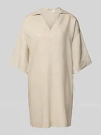 Sukienki - Sukienka lniana o długości do kolan z dekoltem w serek - miniaturka - grafika 1