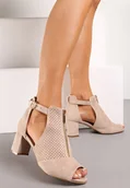 Sandały damskie - Beżowe Sandały na Obcasie z Suwakiem Zdobione Perforacją i Wycięciami c - miniaturka - grafika 1
