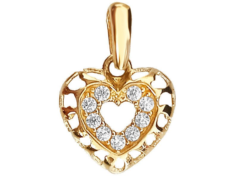 Złota przywieszka serduszko 585 ażurowe serce z białymi cyrkoniami na prezent