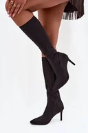 Kozaki damskie - Materiałowe Kozaki Damskie Na Szpilce S.Barski HY52-513 Czarne - Butosklep - miniaturka - grafika 1