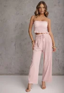 Spodnie damskie - Różowe Szerokie Spodnie Wiskozą Bawełną i Elastyczną Talią ze Sznurkiem Arkinae - miniaturka - grafika 1