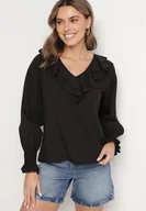 Bluzki damskie - Czarna Bluzka z Wiskozą w Rustykalnym Stylu z Falbanami Finlimi - miniaturka - grafika 1