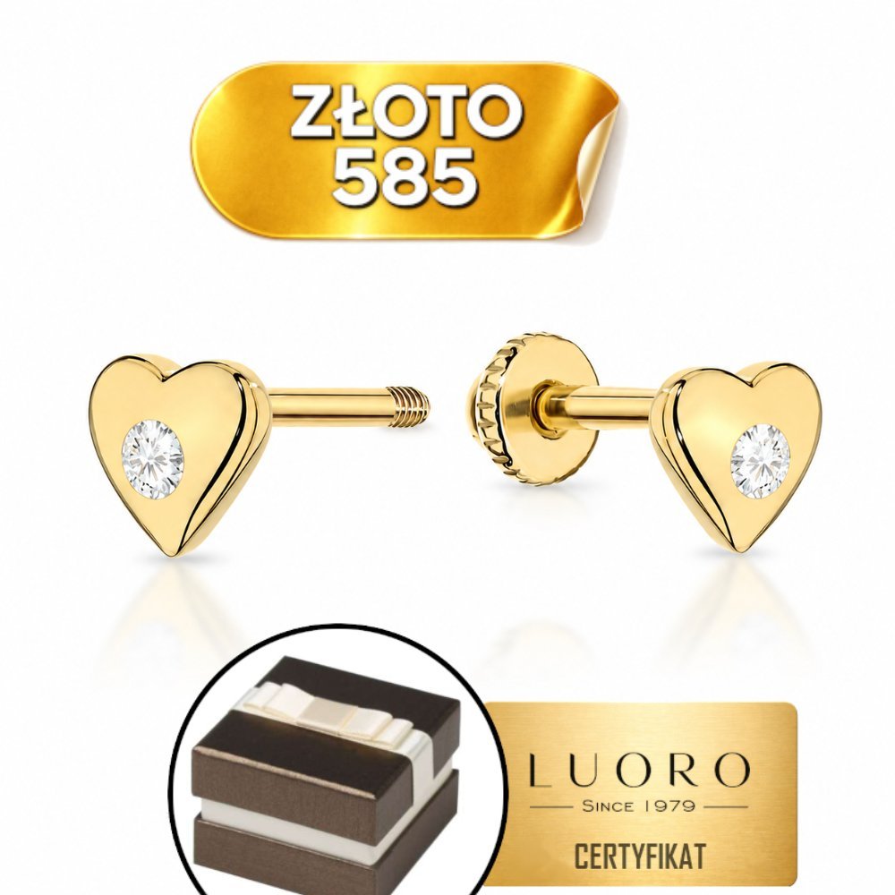 KOLCZYKI ZŁOTE 585 14K SERCE Z CYRKONIĄ 5 MM SZTYFT ZAKRĘCANE ELEGANCKIE