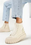 Botki damskie - Beżowe Botki na Platformie z Ekoskóry ze Sznurowaniem Vesta - miniaturka - grafika 1