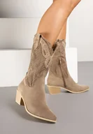 Botki damskie - Ciemnobeżowe Botki Kowbojki na Słupku z Ażurową Cholewką Felmira - miniaturka - grafika 1